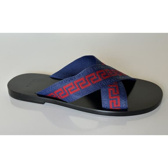 NIB Versace Greca Crisscross Blue/Red Slides Sandals 8.5 US (41.5 Euro) 1006273 - Picture 3 of 12